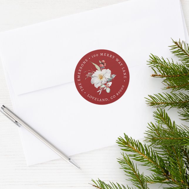Sticker für botanischen Umschlag Aufkleber (Red Holiday Return Address Envelope Seal Merry Christmas Watercolor Floral Botanical Berries)