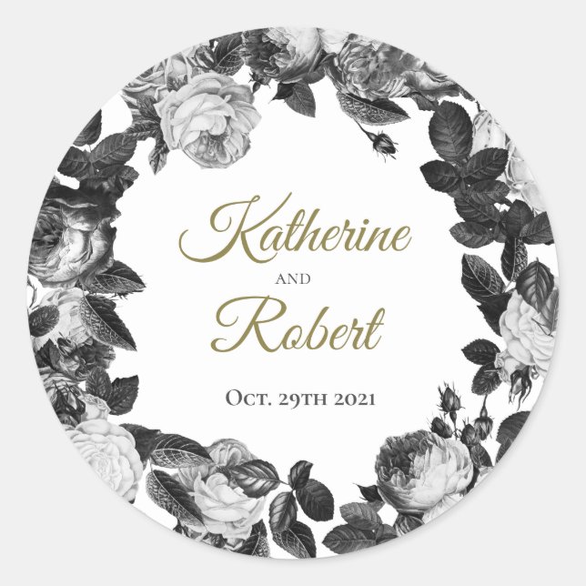 Sticker für die Hochzeit in Schwarz-Weiß-Rosen (Vorderseite)