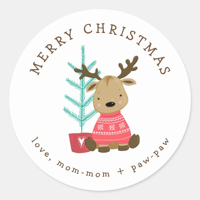 Sticker für die Weihnachtsgeschenke, niedliche Ren (Vorderseite)