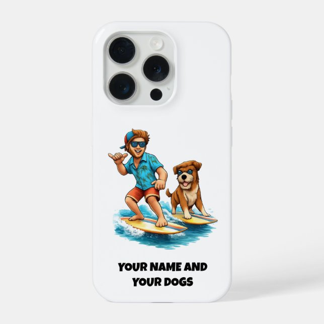 Sticker fürs Handy: Typ und sein Hund surfen FUN iPhone Hülle (Rückseite)