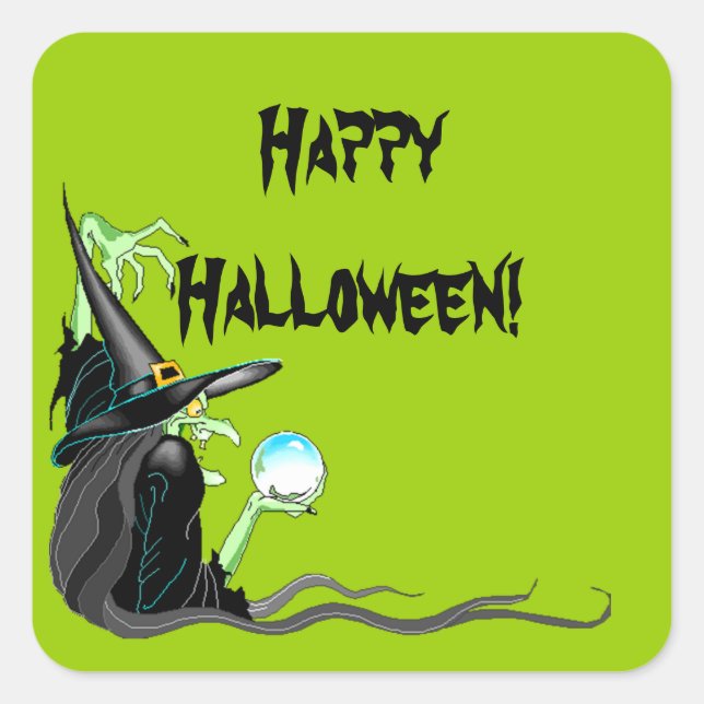 Sticker Happy Halloween Hexe Kristallkugel Spooky (Vorderseite)