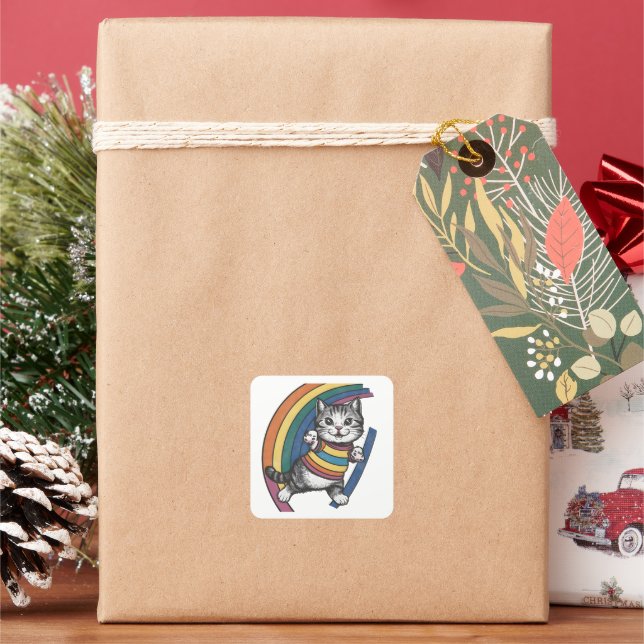 Sticker, Katze Regenbogen Quadratischer Aufkleber (Feiertag)