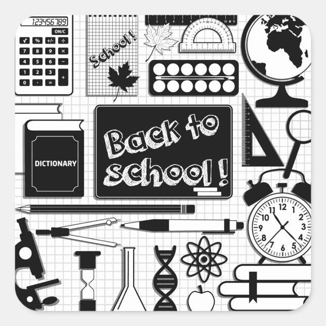 Sticker Zurück zur Schule (Stickers featuring various school-related items in black and white. )