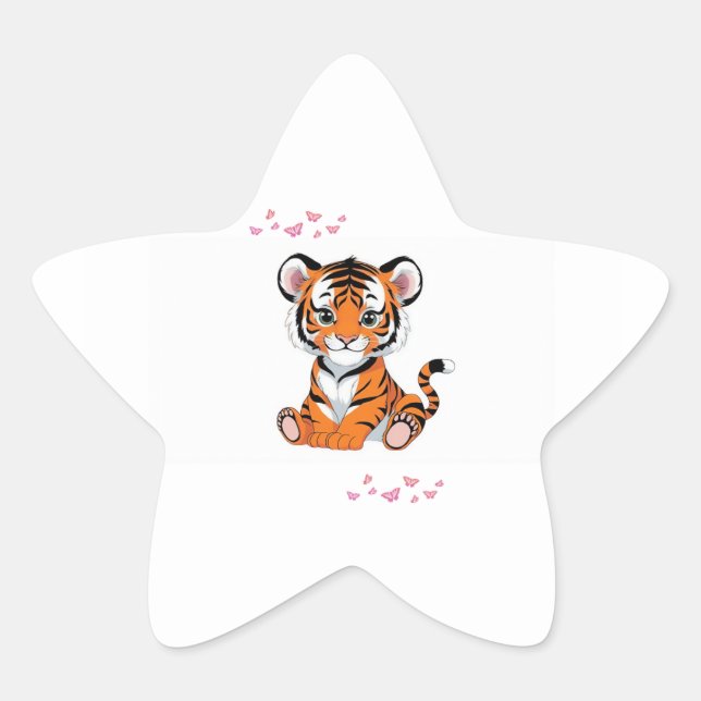 Sticker🐯Baby Tiger Art with Pink Butterflies - Stern-Aufkleber (Vorderseite)
