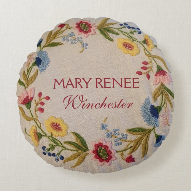 STICKEREI-Blick-Kinderzimmer Baby-Geburts-Notfall Rundes Kissen (Vorderseite)