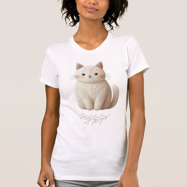 Stickereibestickte Beige Kitty mit geheftetem Leaf T-Shirt (Vorderseite)