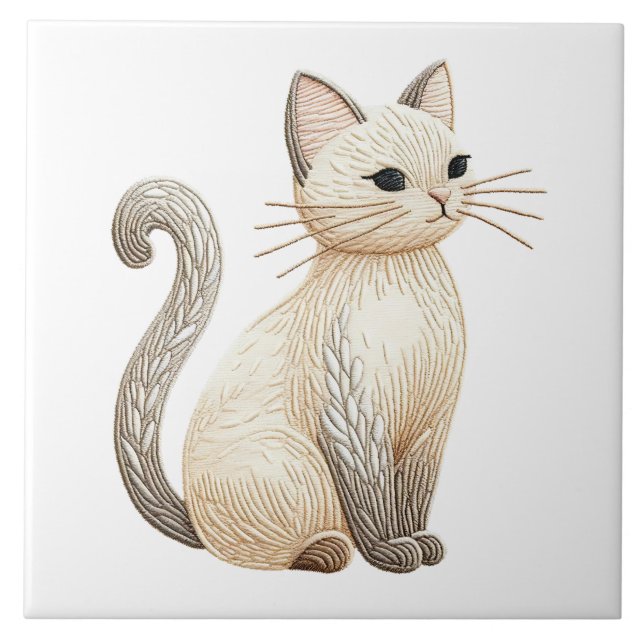 Stickereien Beige Kitty Boho Cat Keramik Tile Fliese (Vorderseite)