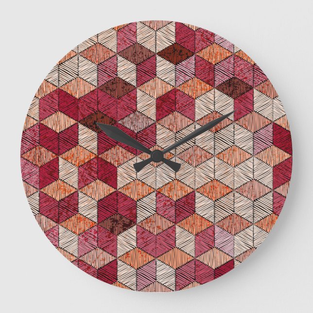 Stickereien mit Hexagons: Bohemisches Patchwork Pr Große Wanduhr (Vorderseite)