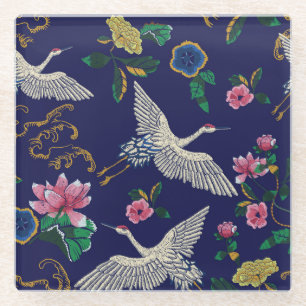 Stickereien mit Kranichen und Blumen, vintage naht Glasuntersetzer
