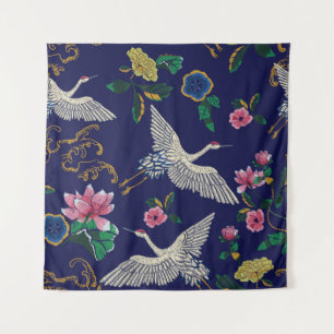 Stickereien mit Kranichen und Blumen, vintage naht Wandteppich