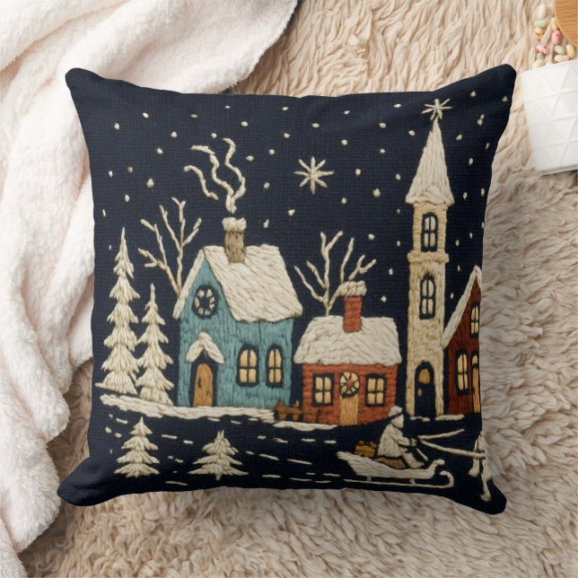 Stickereien Weihnachten Snowy Village Scene Blue Kissen (Decke)
