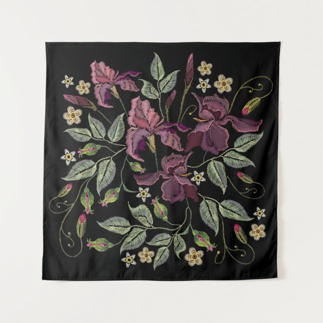 Stickereier Lila Irisschwarzer Hintergrund. Wandteppich (Vorderseite)