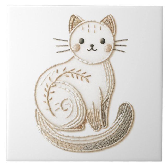 Stickereikunst neutraler Boho Kitty Cat Art Fliese (Vorderseite)