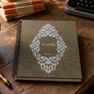 Stickereioptik Olivenleinwand Spirale Monogramm Notizbuch