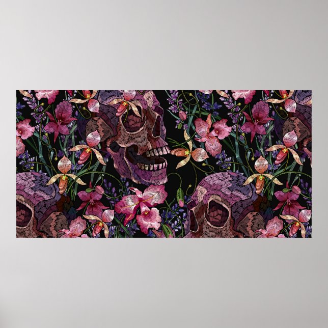 Stickereiskull und rosa orchid-Blume Poster (Vorne)