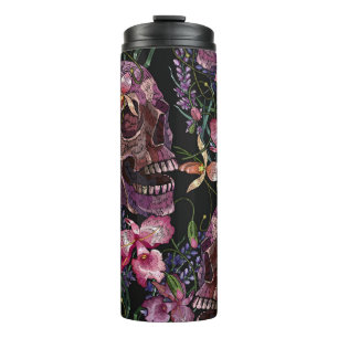 Stickereiskull und rosa orchid-Blume Thermosbecher