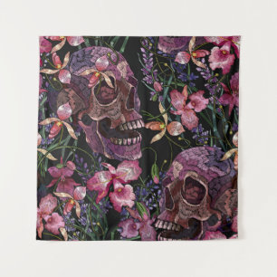 Stickereiskull und rosa orchid-Blume Wandteppich