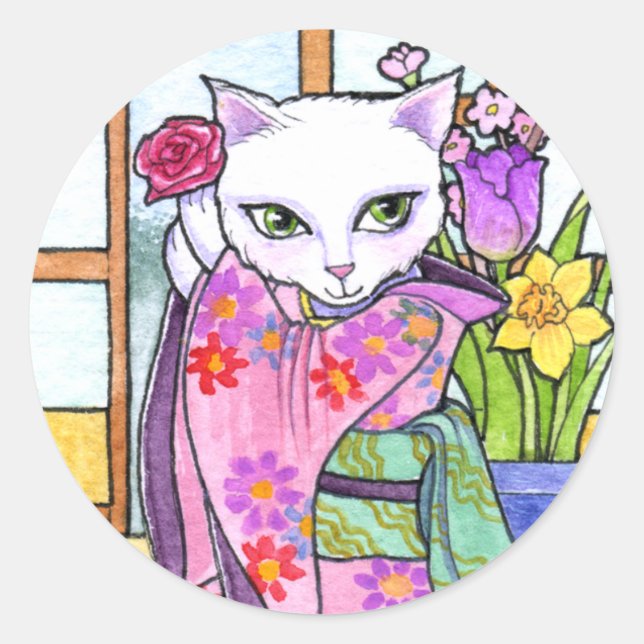 Stickers Geisha Asian Cat Fantasy von Ann Howard (Vorderseite)