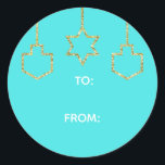 Stickers "Glittered Star & Dreidel Happy Chanukah"<br><div class="desc">Hanukkah/Holiday Aufkleber, personalisieren. Happy Chanukah "Hanging Glittered Star and Dreidels". Wählen Sie aus 1 1/2" und 3" Aufklebern. Personalisieren Sie, indem Sie Text mit Ihrer eigenen Nachricht löschen und ersetzen. Wählen Sie Ihre Lieblings-Schriftart-Größe, Stil und Farbe. Die Hintergrundfarbe kann geändert werden, indem eine andere Farbe als die Farbpalette ausgewählt wird....</div>