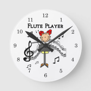 Stickfigur Mädchen Flötenspieler T-Shirts und Gesc Runde Wanduhr