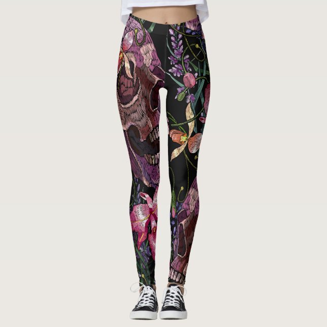 Stickiger Schädel: gotisch-orchid Muster Leggings (Vorderseite)