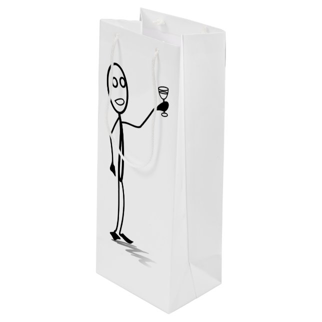 Stickman mit einem Glas Wein niedlich Schwarz-weiß Geschenktüte Für Weinflaschen (Vorderseite Schrägansicht)