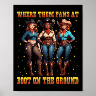 Stiefel auf dem schwarzen Western am Boden, wo die Poster