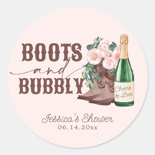 Stiefel & Bubbly Brautparty mit Blumenkohl Runder Aufkleber (Vorderseite)