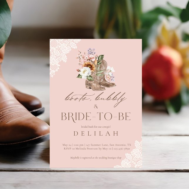 Stiefel Bubbly & Bridge to Be Western Brautparty Einladung (Boots Bubbly & Bride to Be Western Bridal Shower Invitation)