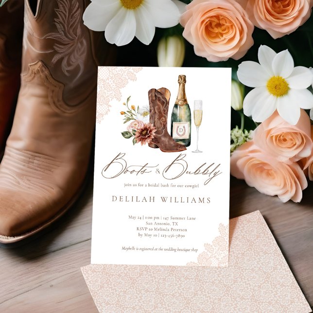 Stiefel & Bubbly Chic Cowgirl Western Brautparty Einladung (Boots & Bubbly Chic Cowgirl Western Bridal Shower Invitation)