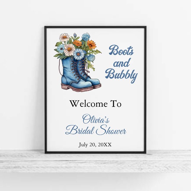 Stiefel & Bubbly Cowgirl Brautparty Begrüßungszeic Poster (Boots & Bubbly Blue Western Cowgirl Bridal Shower Welcome Sign )