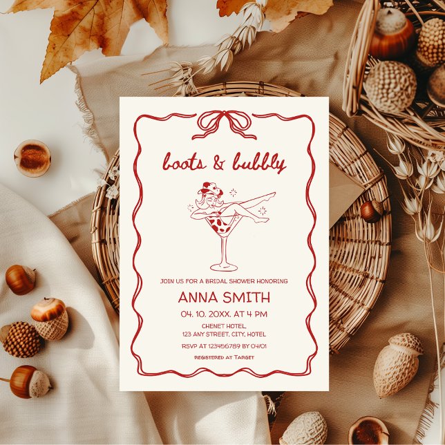 Stiefel & Bubbly Handgezeichnet Rodeo-Rot-Brautpar Einladung (Boots & Bubbly Hand-drawn Retro Cowgirl Western "let's go girls" bridal shower in Red with Bow)