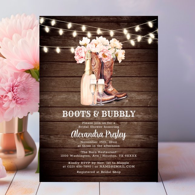 Stiefel & Bubbly Rustikales Cowgirl BRAUTPARTY Einladung (Boots & Bubbly Rustic Cowgirl BRIDAL SHOWER Invitation)