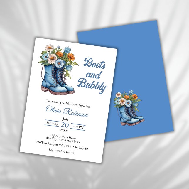 Stiefel & Bubbly Western Cowgirl Blue Brautparty Einladung (Boots & Bubbly Western Cowgirl Blue Bridal Shower Invitation )