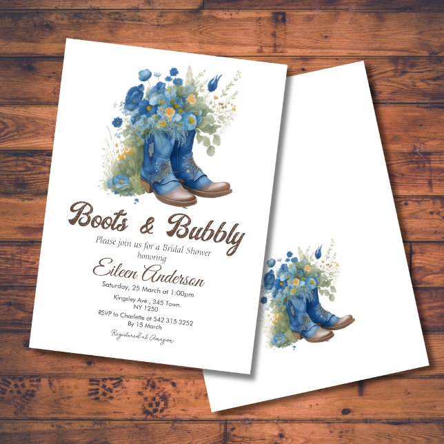 Stiefel & Bubbly Western Cowgirl Blue Brautparty Einladung (Boots Bubbly Western Cowgirl Blue Bridal Shower Invite)