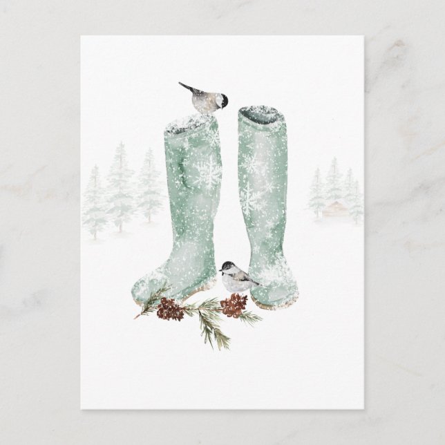 Stiefel & Chickadees Schnee Winterwaldlandschaft Postkarte (Vorderseite)