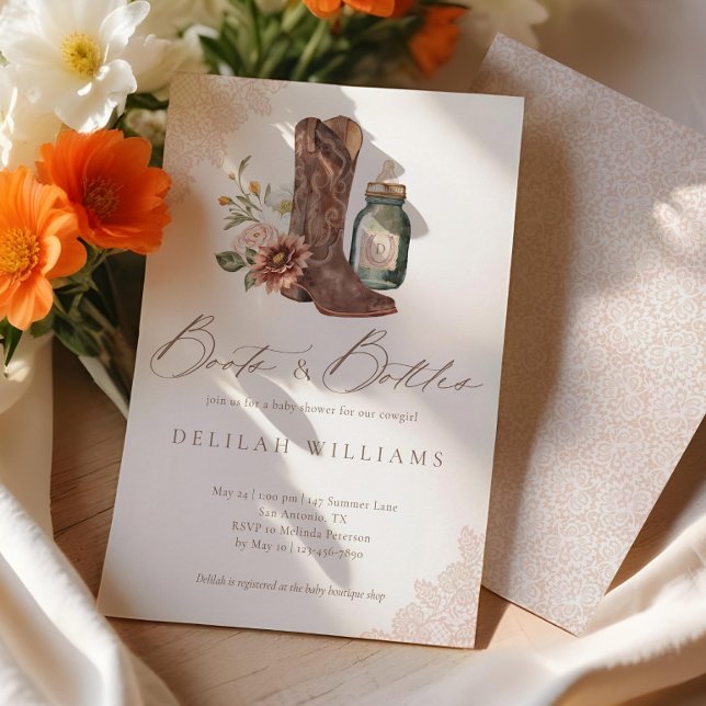 Stiefel & Flaschen Chic Cowgirl Western Babydusche Einladung (Boots & Bottles Chic Cowgirl Western Baby Shower Invitation)