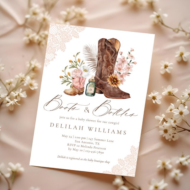 Stiefel & Flaschen Pink Cowgirl Western Babydusche Einladung (Boots & Bottles Pink Cowgirl Western Baby Shower Invitation)