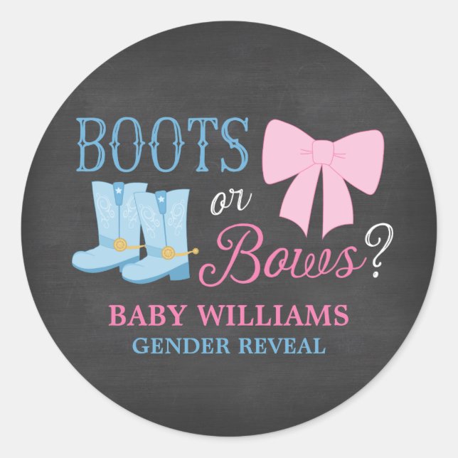 Stiefel oder Bows Gender Reveal Party Baby Shower Runder Aufkleber (Vorderseite)