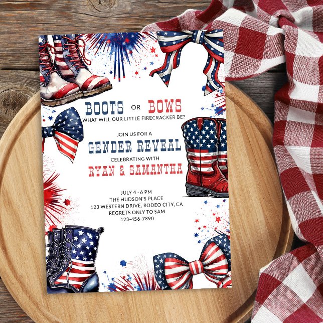 Stiefel oder Schleifen 4. Juli Western Geschlechts Einladung (Western Cowboy Boots or Bows Red White and Blue Gender Reveal Invitation)