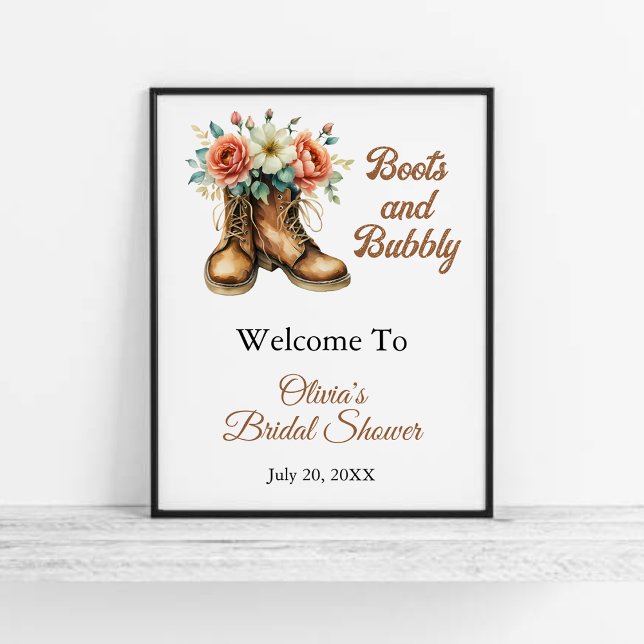 Stiefel & Prickelndes Rustikale Hochzeitsdusche Wi Poster (Rustic Boots & Bubbly Bridal Shower Welcome Sign   )