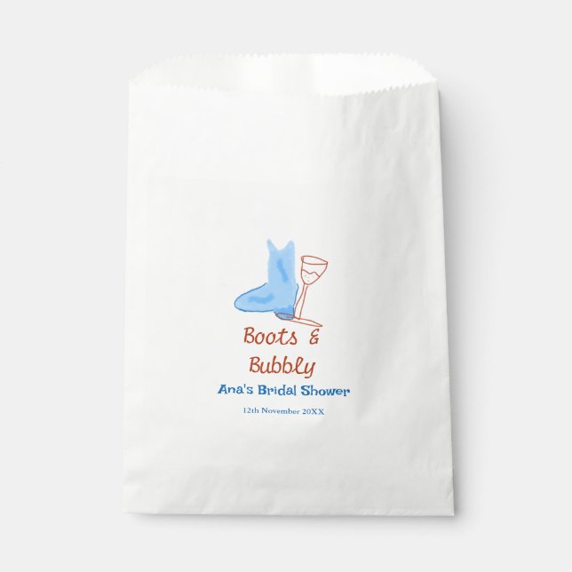 Stiefel & Sektflasche Brautparty blau Geschenktütchen (Vorderseite)