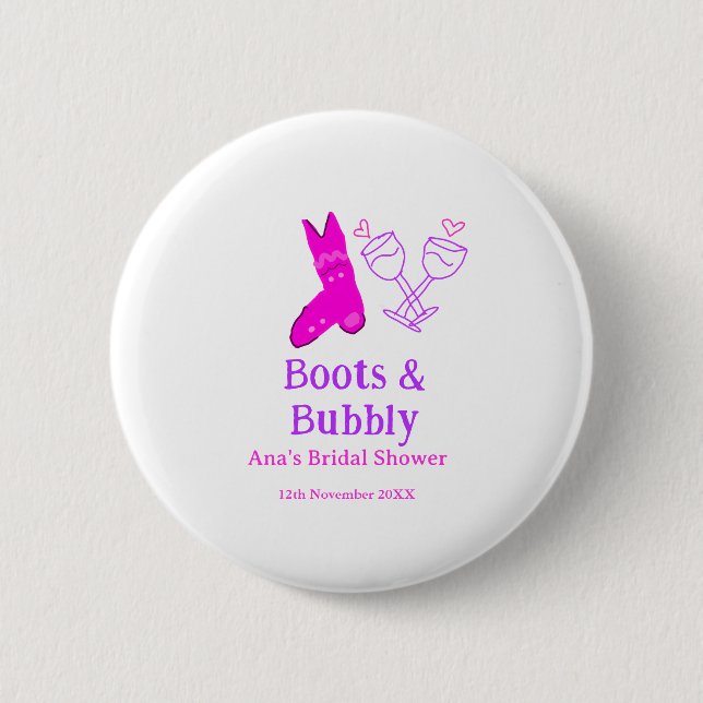 Stiefel & Sektflasche Brautparty pink Button (Vorderseite)