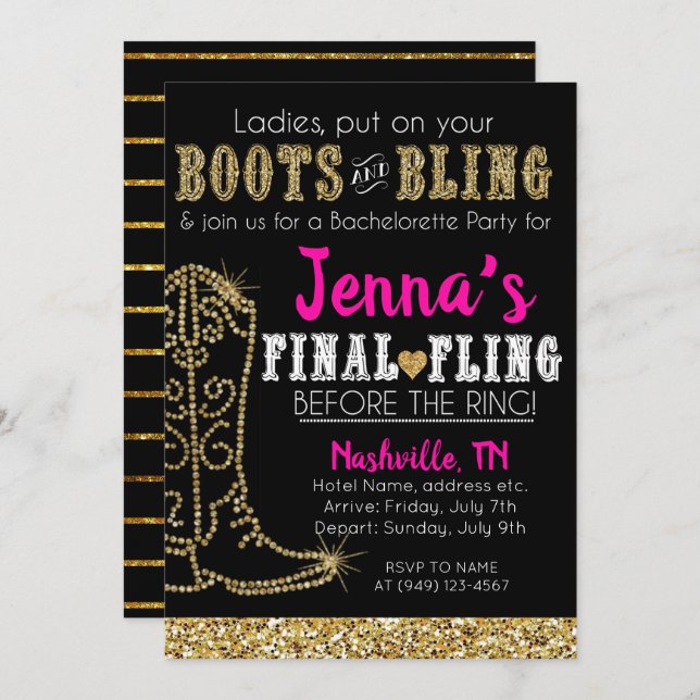 Stiefel und Bling Country Western Nashville Party Einladung (Vorne/Hinten)