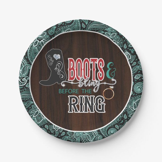 Stiefel und Bling vor der Ringplatte - Turq Pappteller (Vorderseite)