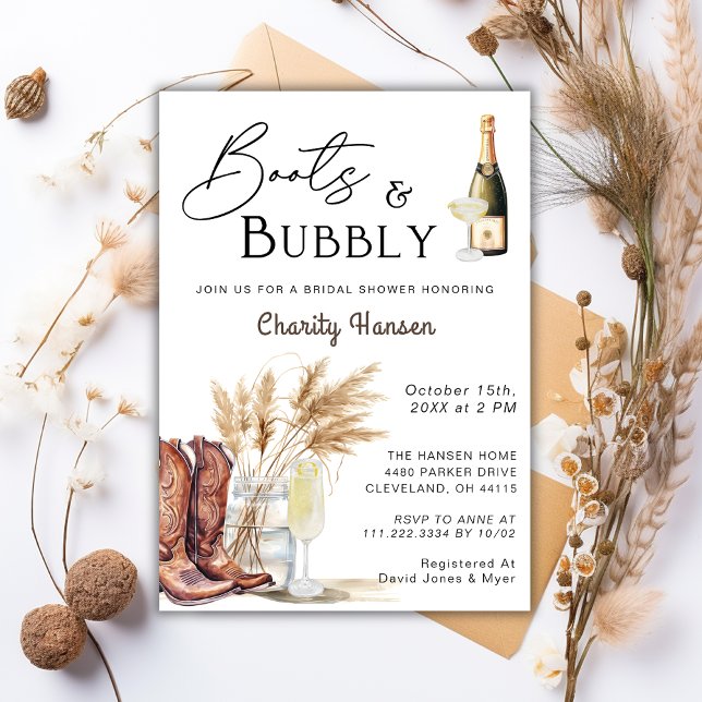 Stiefel und Bubbly Boho Pampas Grass Brautparty Einladung (Von Creator hochgeladen)