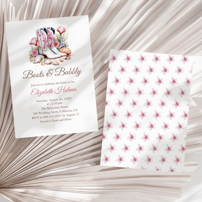 Stiefel und Bubbly Cowgirl Brautparty Invi Einladung (Boots and Bubbly Costal Cowgirl Bridal Shower Invi Invitation on a sunny white dry palm leaf.)