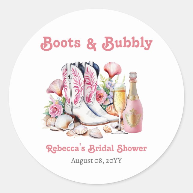 Stiefel und Bubbly Cowgirl Bridal Shower Runder Aufkleber (Vorderseite)