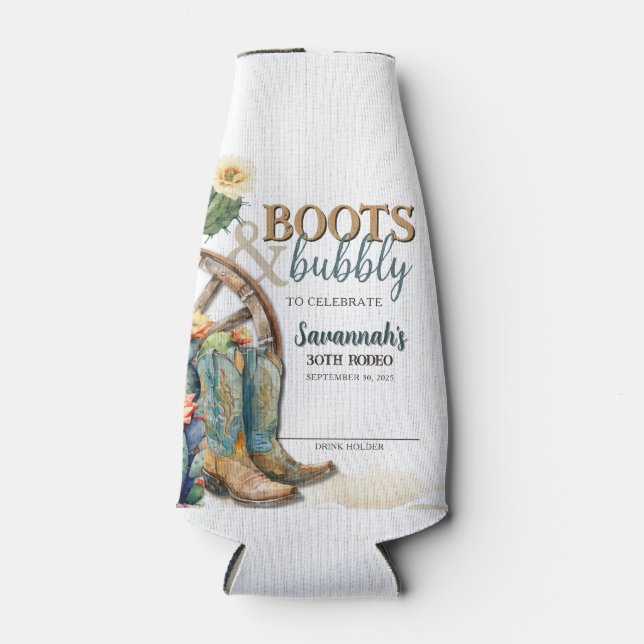 Stiefel und Bubbly Rodeo Cowgirl Western Geburtsta Flaschenkühler (Vorderseite)