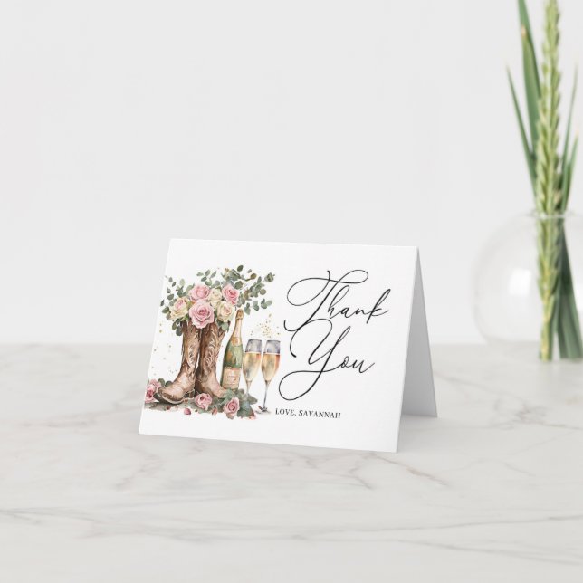Stiefel und Bubbly Rustikale Western Brautparty Dankeskarte (Vorderseite)